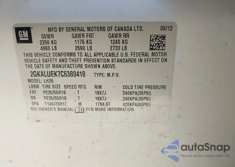 2012 GMC Terrain Slt-1 z USA, uszkodzony, nr VIN 2GKALUEK7C6380418